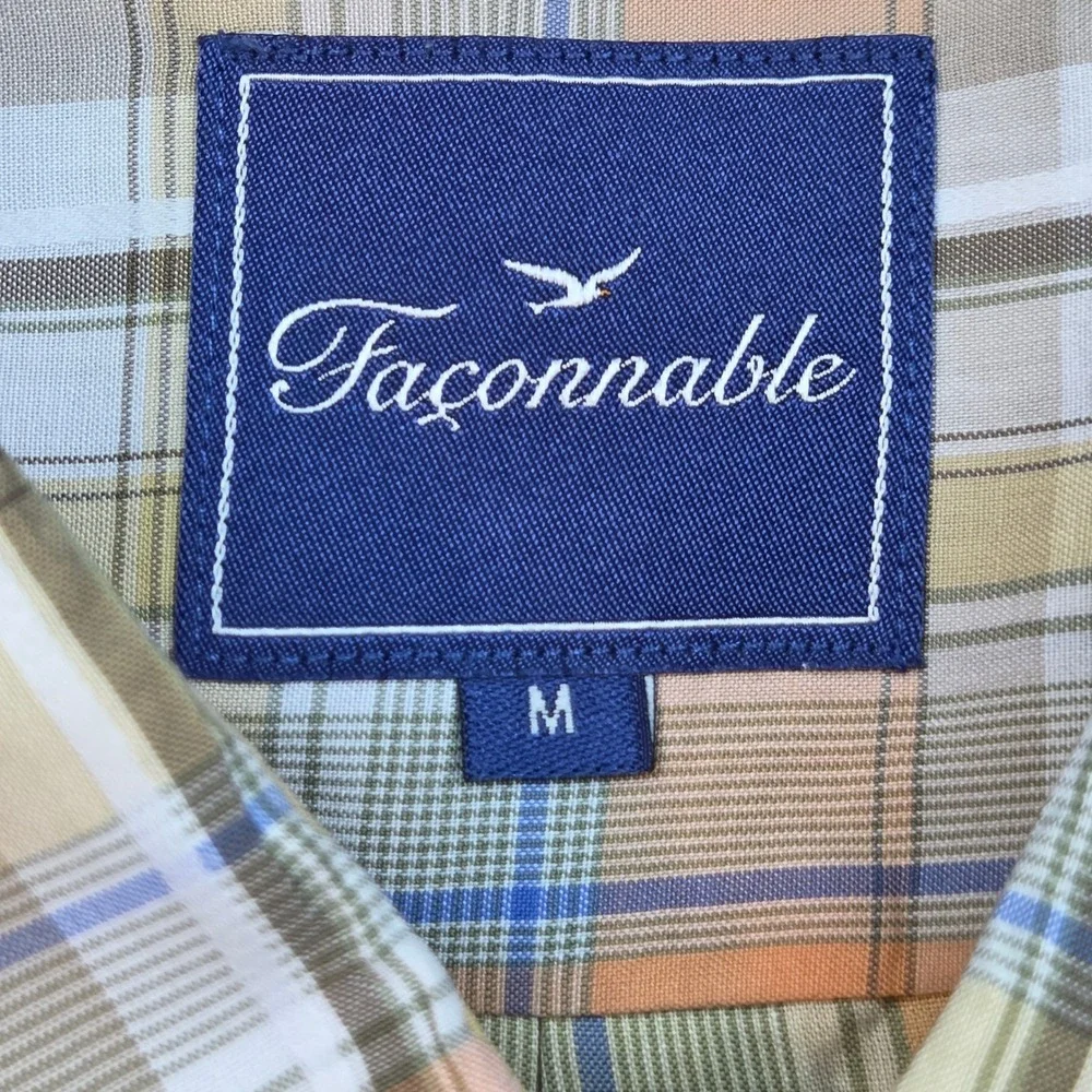 Faconnable Plaid Button‎ Down Shirt Mens Medium Orange Yellow Made in USA Cotton